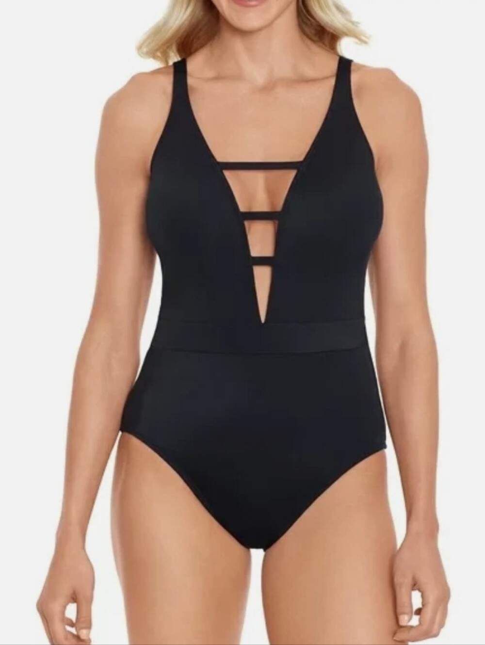 Time and Tru Black Strappy V-Plunge One-Piece Swimsuit